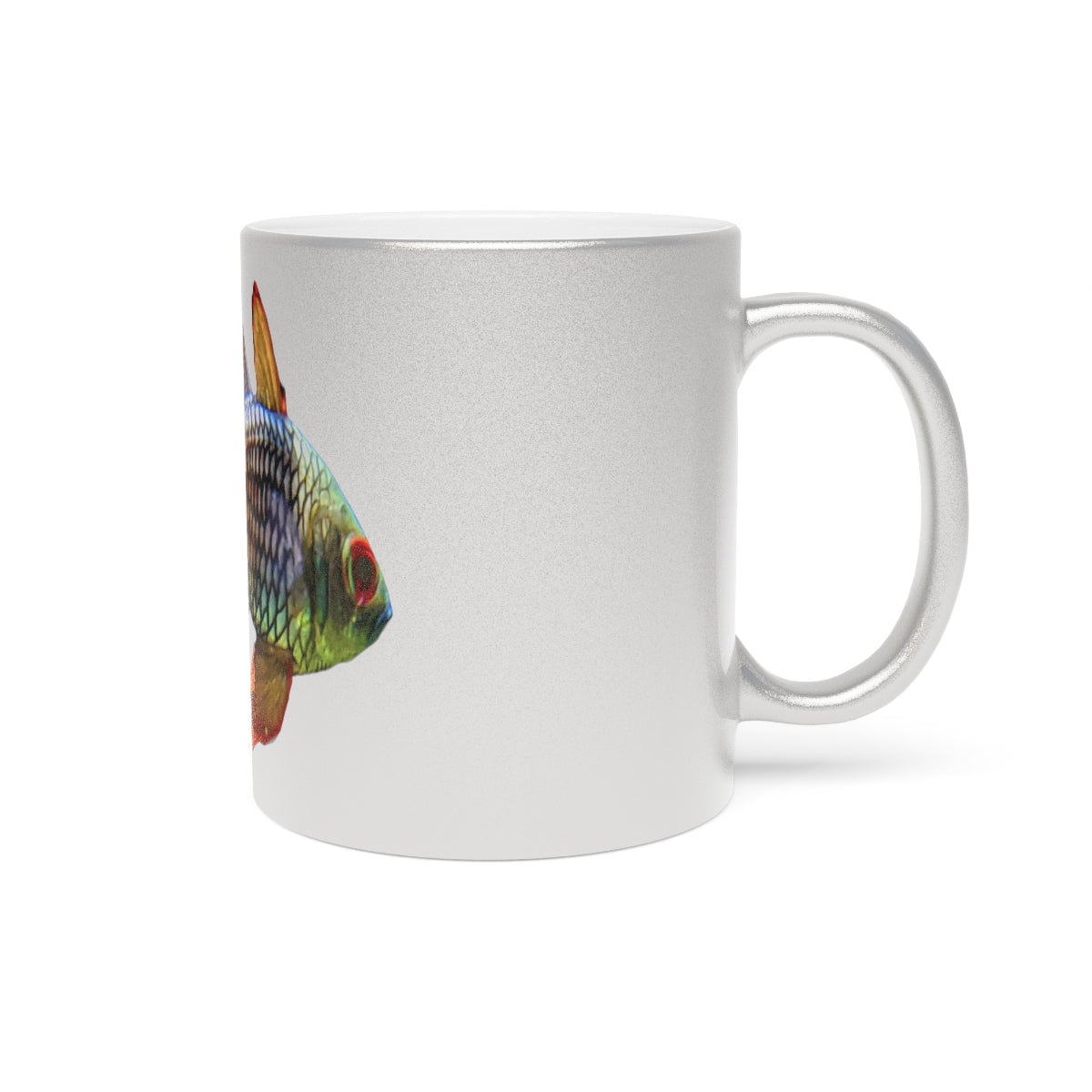 Colored Fish Metallic Mug in Silver and Gold with personalized design options, showcasing a shiny ceramic finish.