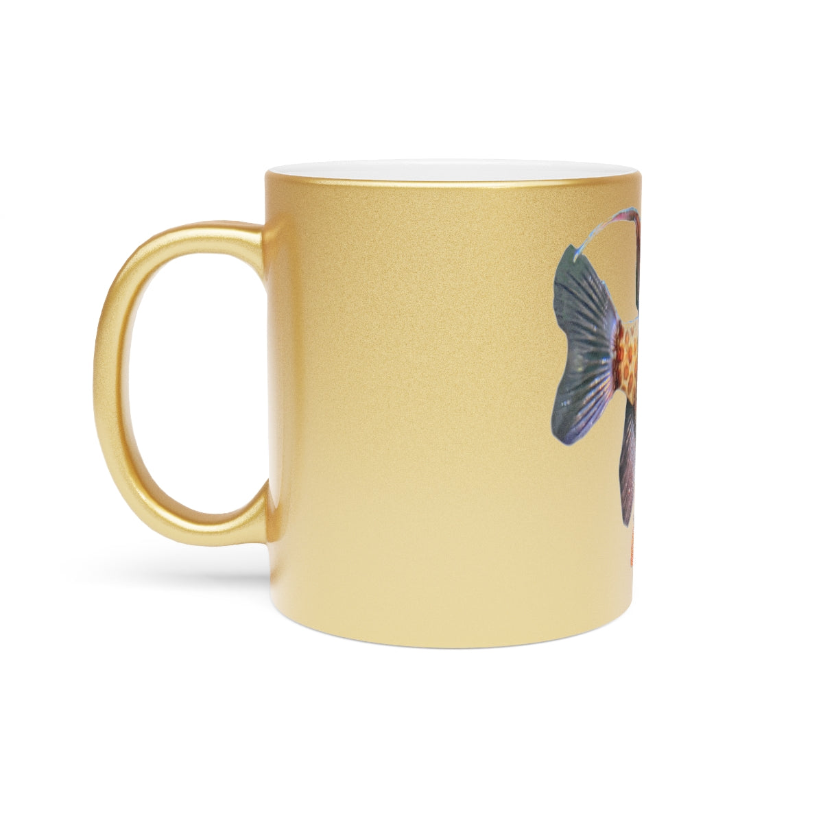 Colored Fish Metallic Mug in Silver and Gold with personalized design options, showcasing a shiny ceramic finish.