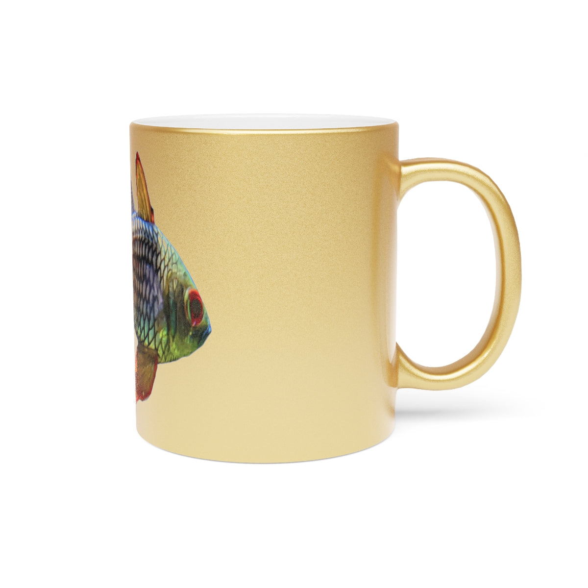 Colored Fish Metallic Mug in Silver and Gold with personalized design options, showcasing a shiny ceramic finish.