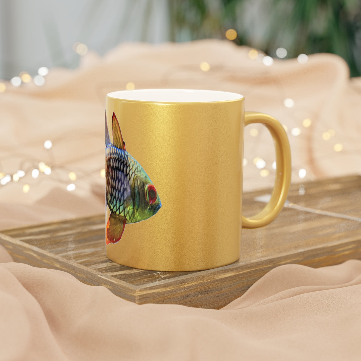 Colored Fish Metallic Mug in Silver and Gold with personalized design options, showcasing a shiny ceramic finish.