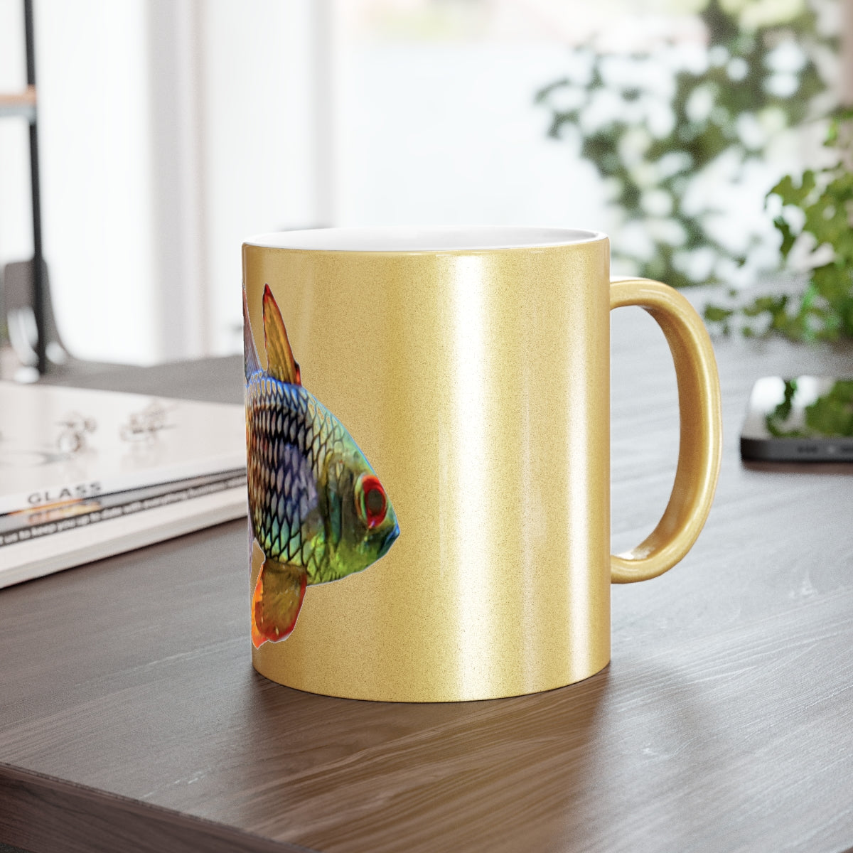 Colored Fish Metallic Mug in Silver and Gold with personalized design options, showcasing a shiny ceramic finish.