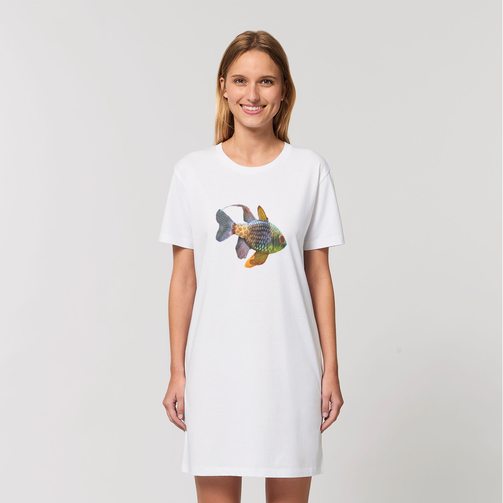 A stylish Colored Fish Organic T-Shirt Dress made from 100% organic cotton, featuring a vibrant fish design and comfortable fit.