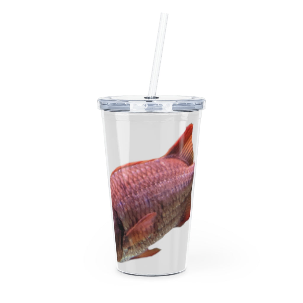 Colored Fish Plastic Tumbler with Straw, featuring a vibrant design and a matching lid, perfect for personalized drinks.