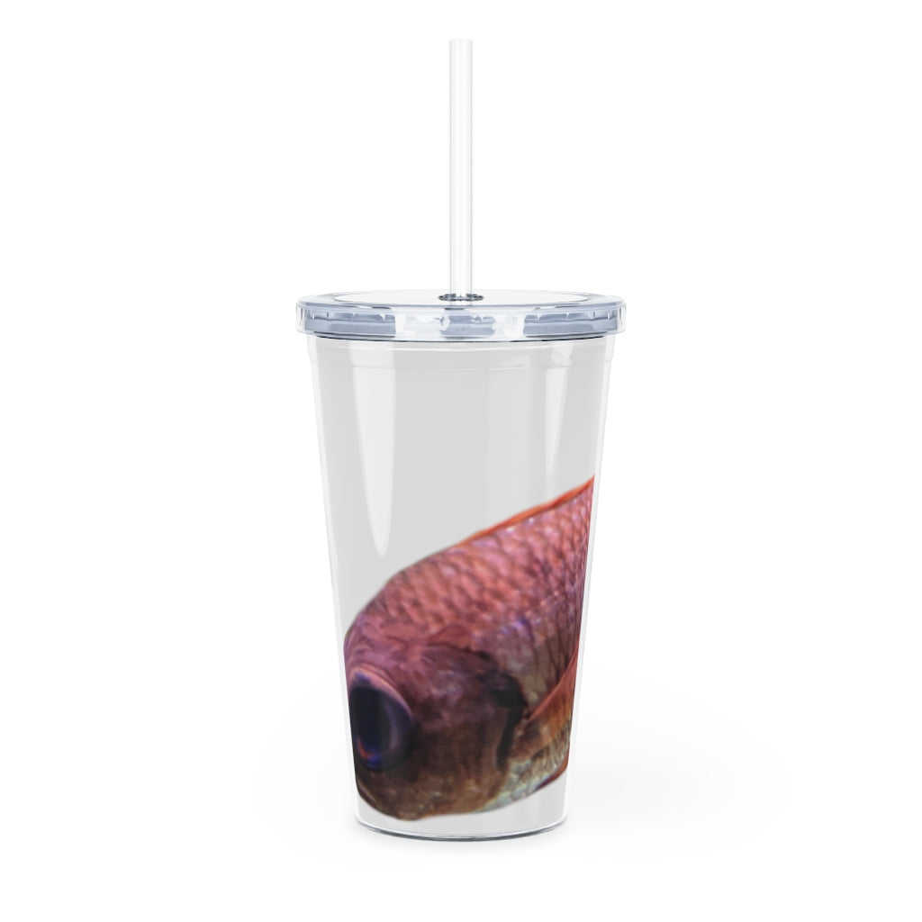 Colored Fish Plastic Tumbler with Straw, featuring a vibrant design and a matching lid, perfect for personalized drinks.