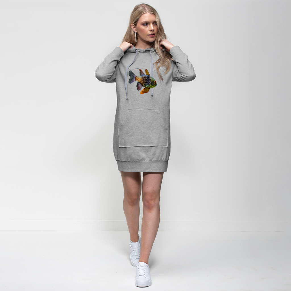 Colored Fish Premium Adult Hoodie Dress featuring a relaxed fit, hood, and kangaroo pocket, made from soft cotton blend fabric.