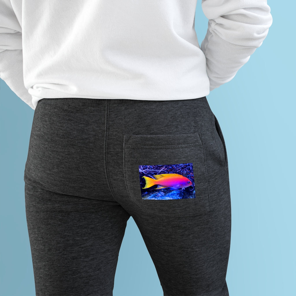 Colored Fish Premium Fleece Joggers featuring customizable back pocket and two side pockets, made from soft fleece material.