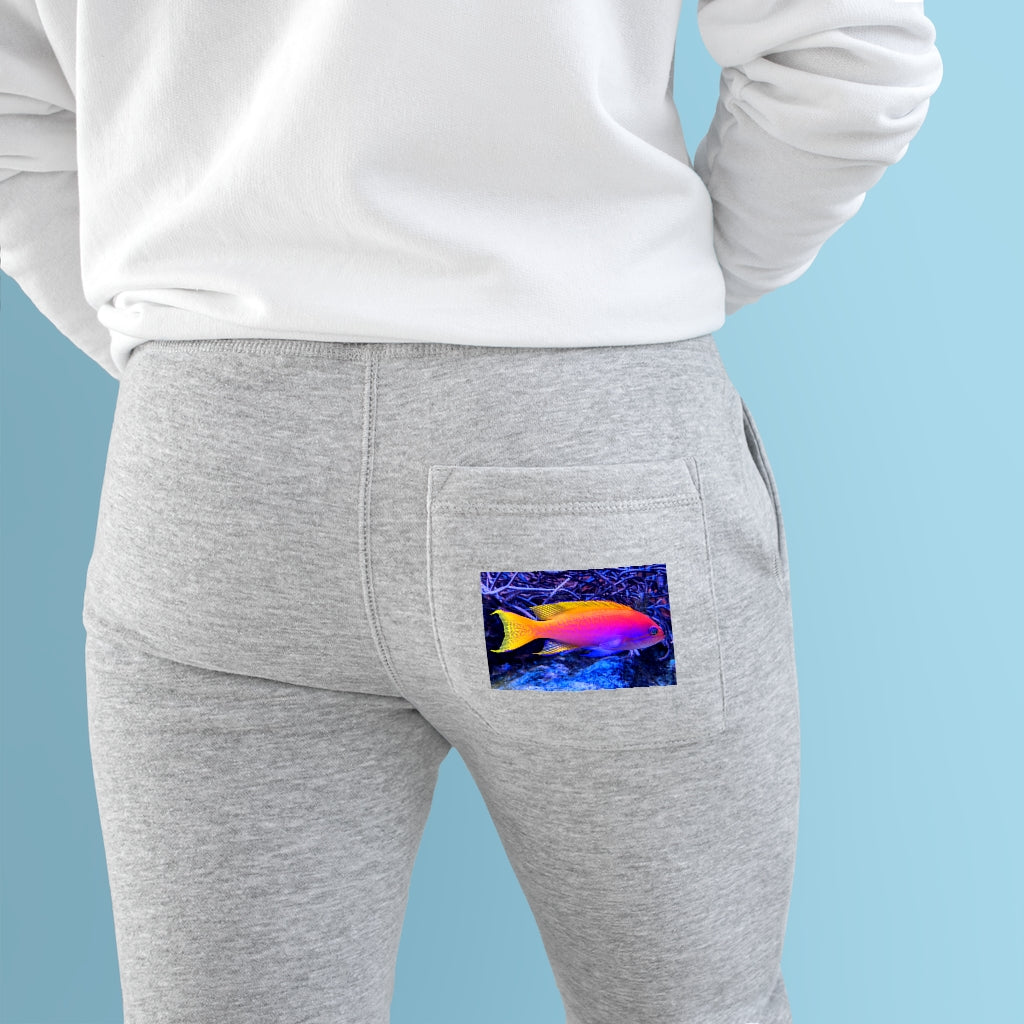 Colored Fish Premium Fleece Joggers featuring customizable back pocket and two side pockets, made from soft fleece material.