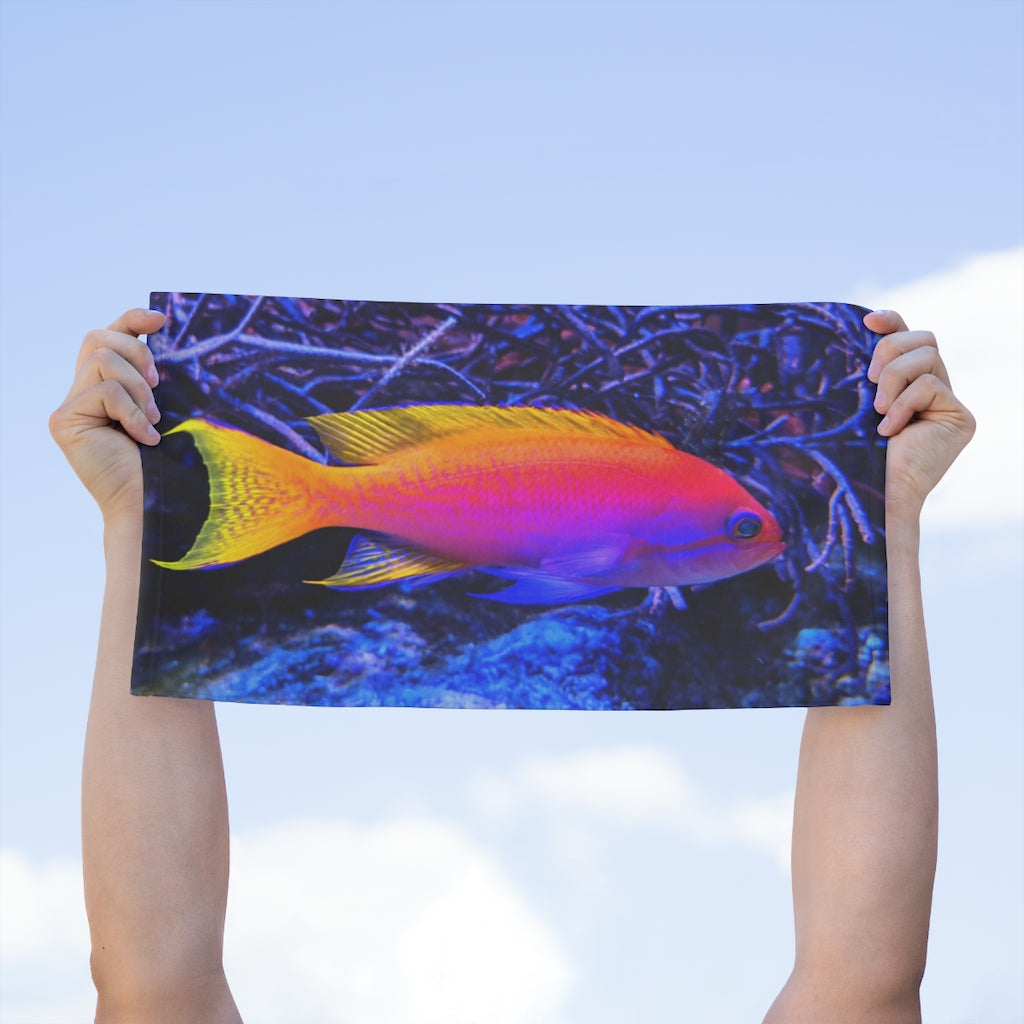 Colored Fish Rally Towel featuring a vibrant design, soft mink polyester front, and absorbent cotton backing, measuring 11x18 inches.