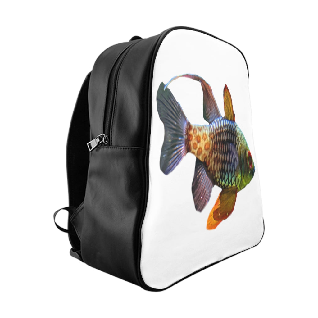 Colored Fish School Backpack featuring vibrant fish print on durable PU leather with padded back and chocolate brown lining.