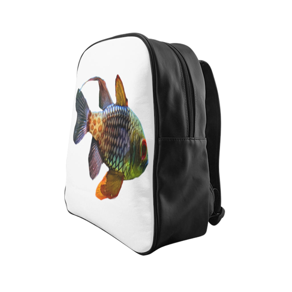 Colored Fish School Backpack featuring vibrant fish print on durable PU leather with padded back and chocolate brown lining.