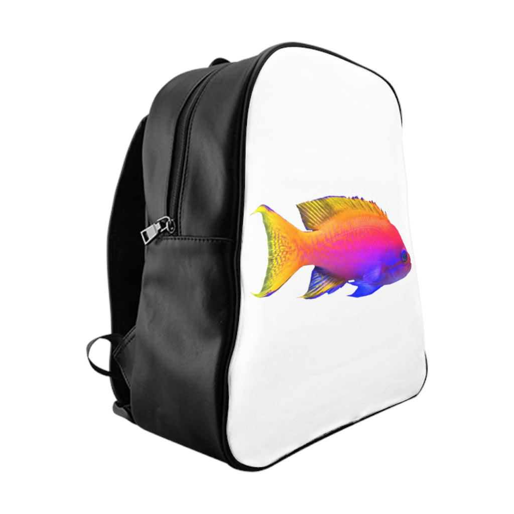 A stylish Colored Fish School Backpack featuring a vibrant fish print and chocolate brown lining, designed for comfort and functionality.