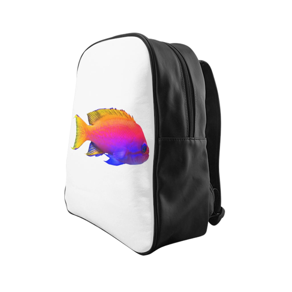 A stylish Colored Fish School Backpack featuring a vibrant fish print and chocolate brown lining, designed for comfort and functionality.