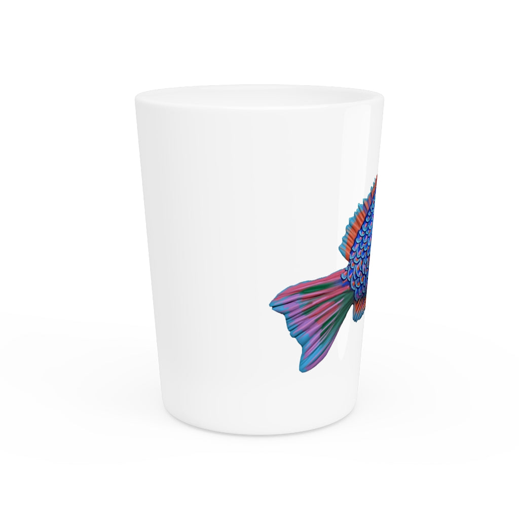 A stylish Colored Fish Shot Glass made of ceramic, featuring a customizable design with a white or black interior, perfect for gatherings and events.