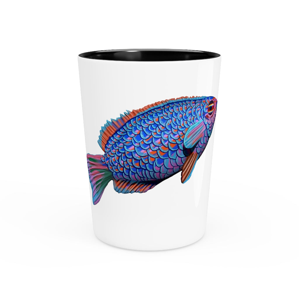 A stylish Colored Fish Shot Glass made of ceramic, featuring a customizable design with a white or black interior, perfect for gatherings and events.