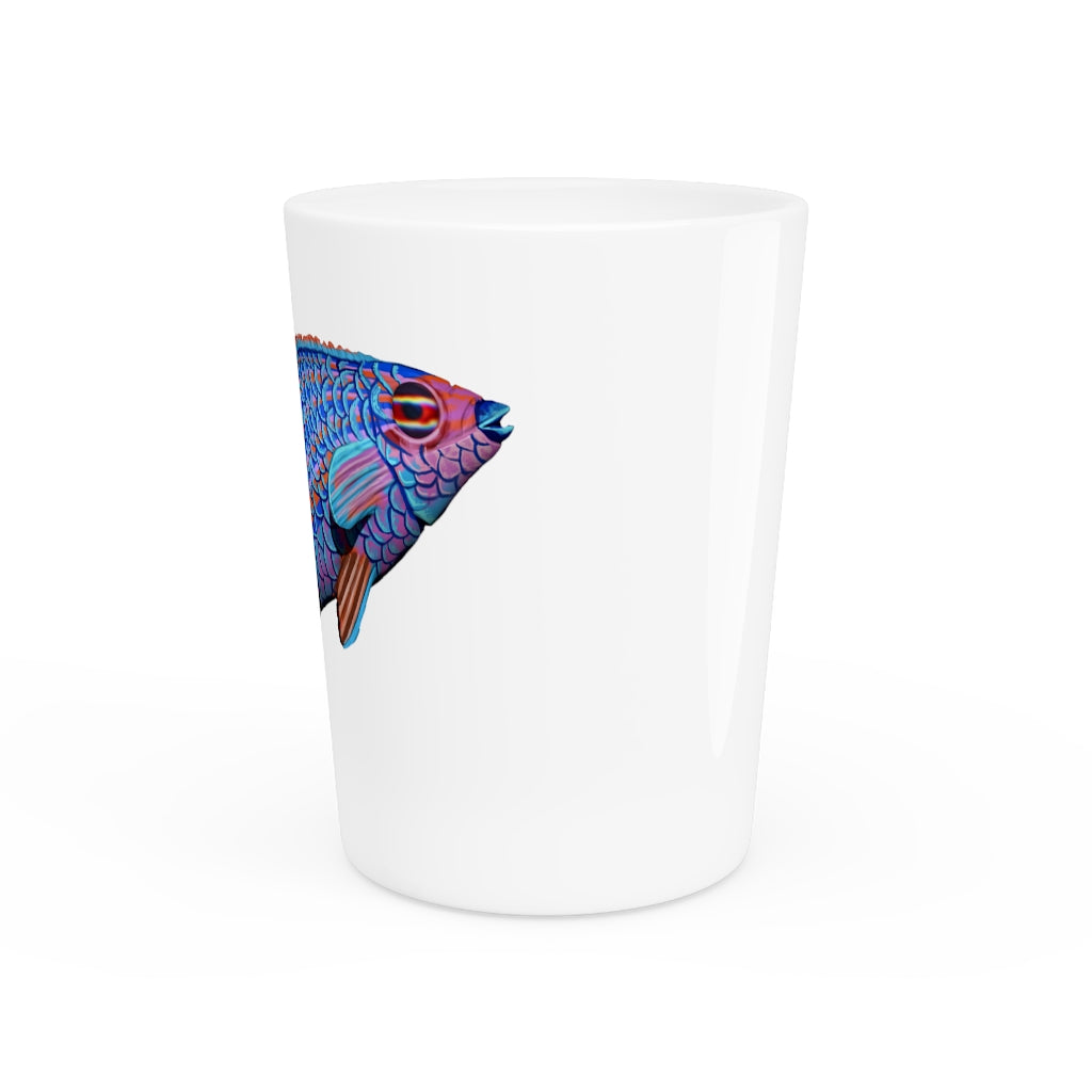 A stylish Colored Fish Shot Glass made of ceramic, featuring a customizable design with a white or black interior, perfect for gatherings and events.