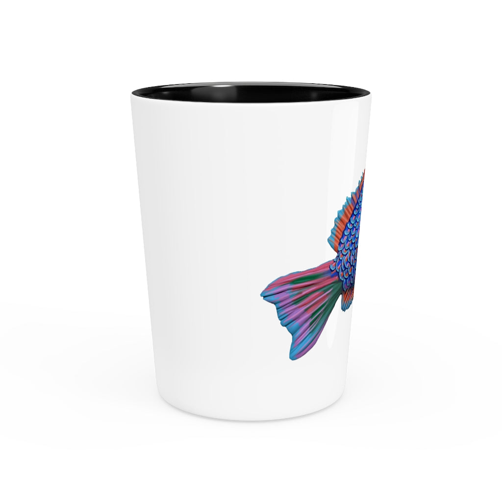 A stylish Colored Fish Shot Glass made of ceramic, featuring a customizable design with a white or black interior, perfect for gatherings and events.