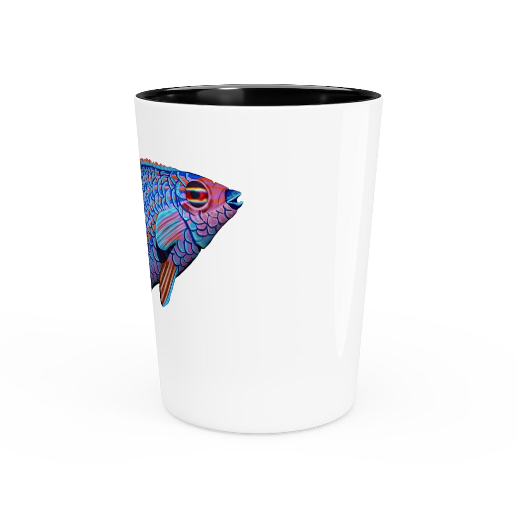 A stylish Colored Fish Shot Glass made of ceramic, featuring a customizable design with a white or black interior, perfect for gatherings and events.