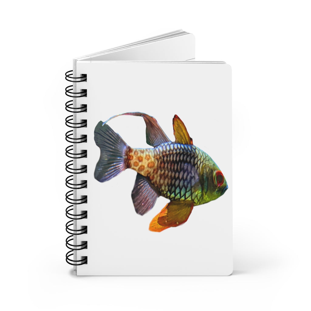 A colorful spiral bound journal featuring a vibrant fish design on a glossy laminated cover, showcasing its durable and stylish appearance.