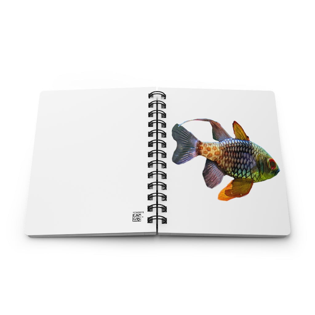 A colorful spiral bound journal featuring a vibrant fish design on a glossy laminated cover, showcasing its durable and stylish appearance.