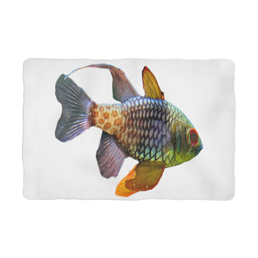 Colored Fish Sublimation Pet Blanket made of soft polyester fleece, featuring a vibrant fish design on the front and a white back.