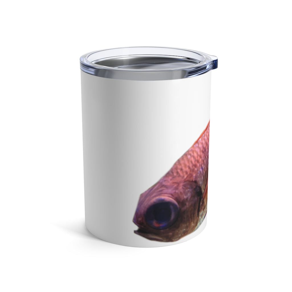 Colored Fish Tumbler 10oz made of stainless steel with a vibrant fish design and a see-thru plastic lid.