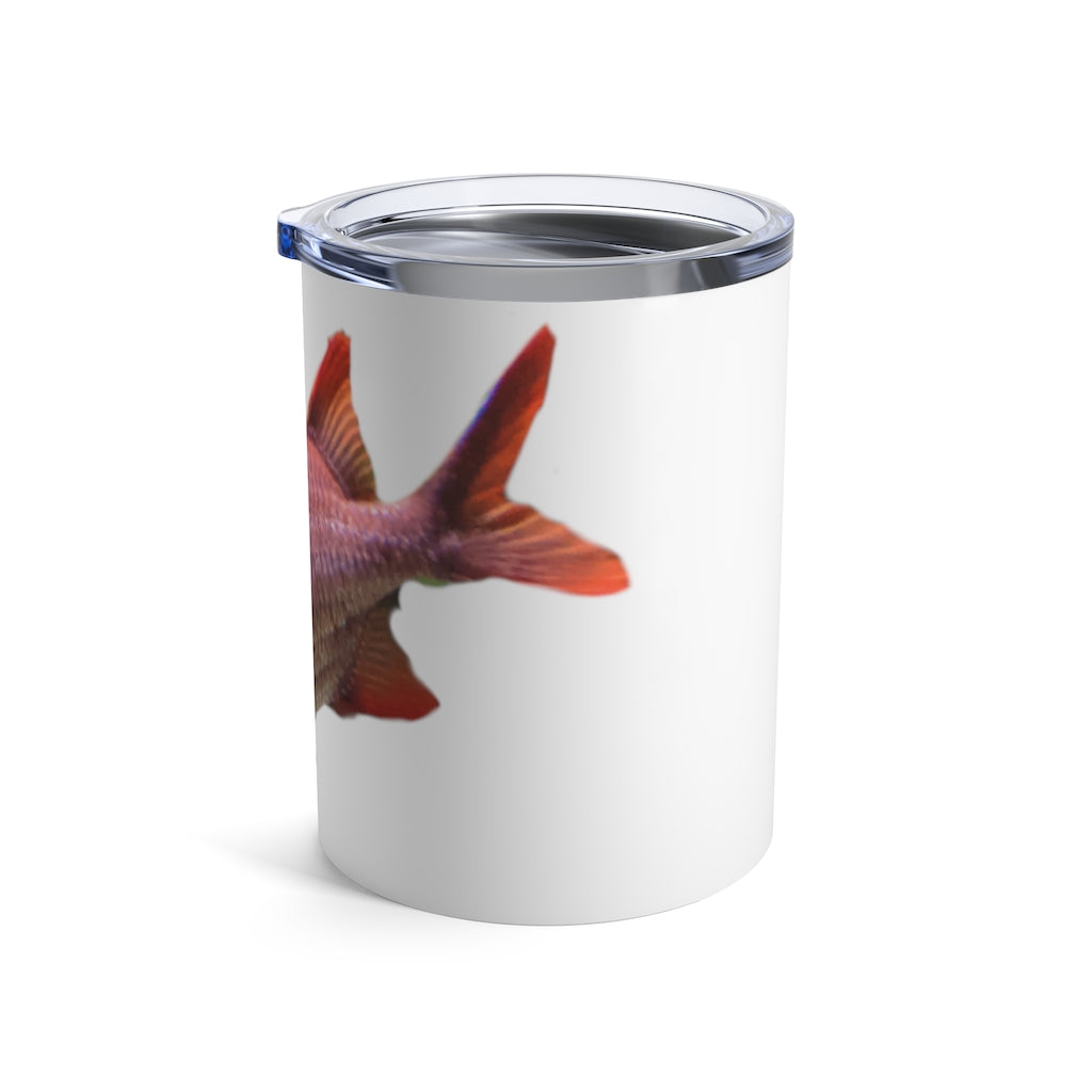 Colored Fish Tumbler 10oz made of stainless steel with a vibrant fish design and a see-thru plastic lid.