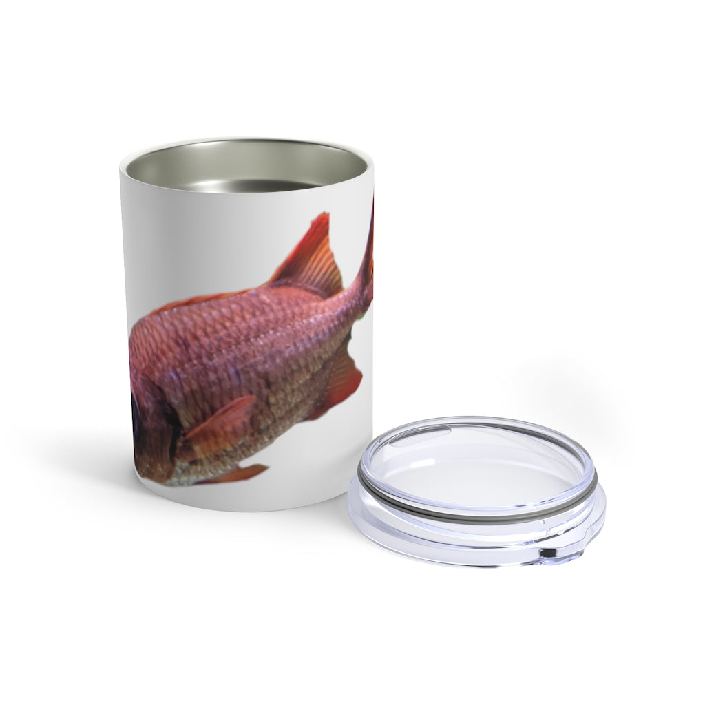 Colored Fish Tumbler 10oz made of stainless steel with a vibrant fish design and a see-thru plastic lid.