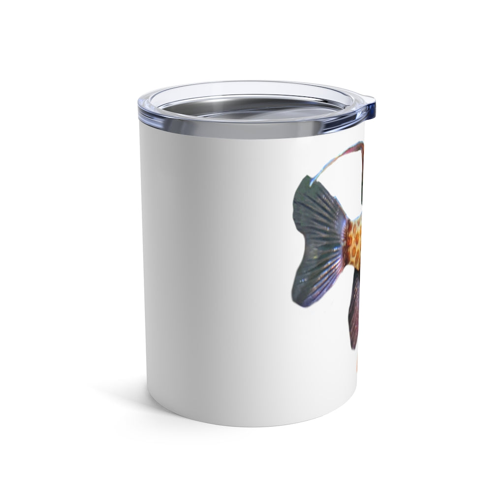 A colorful stainless steel tumbler with a fish design, featuring a see-thru plastic lid, perfect for travel and outdoor use.