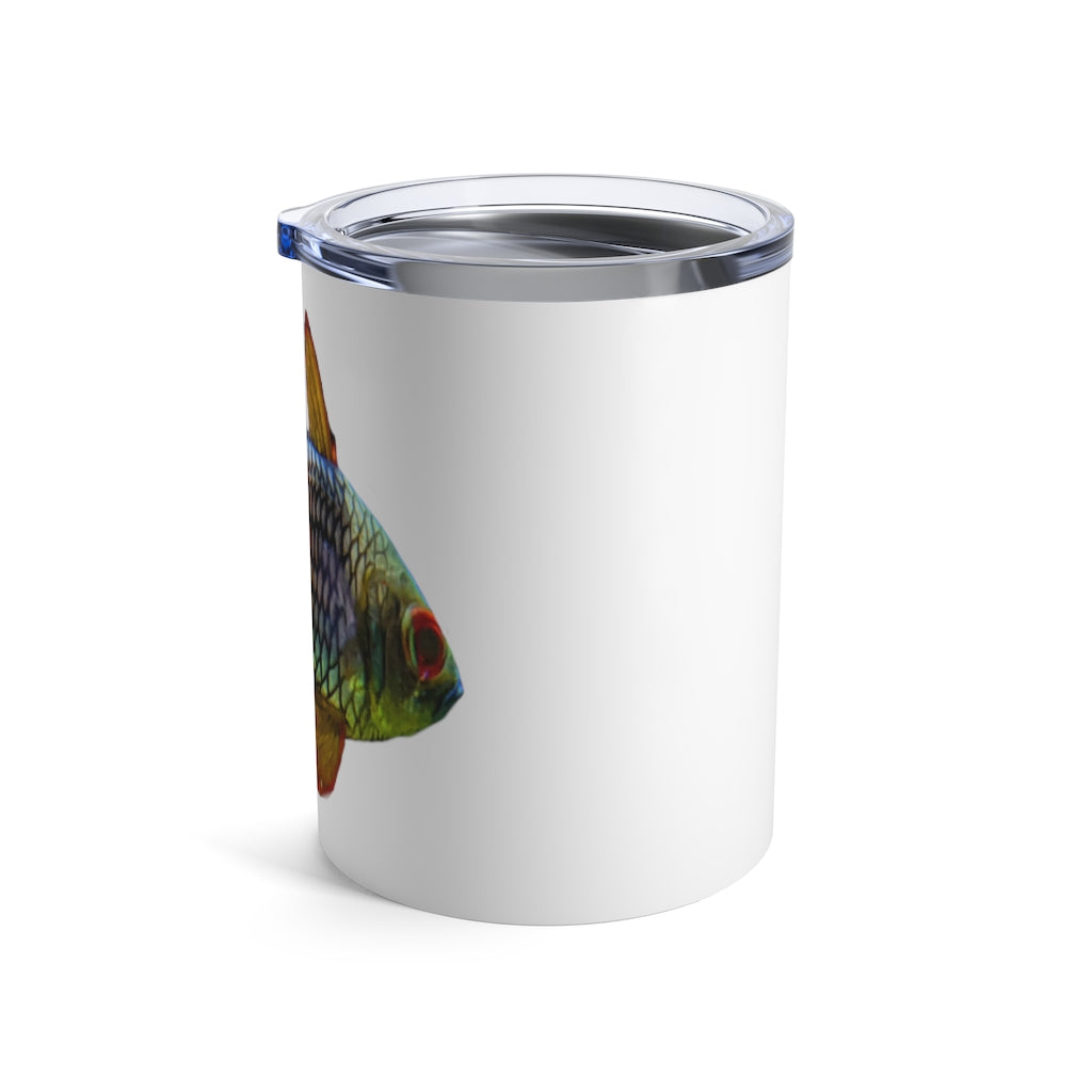 A colorful stainless steel tumbler with a fish design, featuring a see-thru plastic lid, perfect for travel and outdoor use.