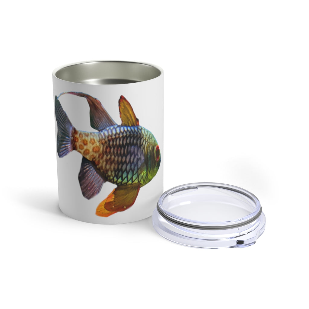 A colorful stainless steel tumbler with a fish design, featuring a see-thru plastic lid, perfect for travel and outdoor use.