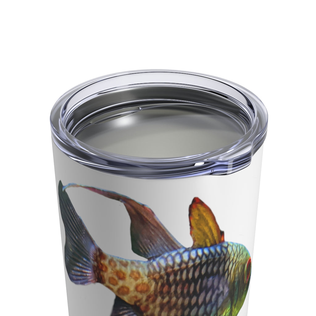 A colorful stainless steel tumbler with a fish design, featuring a see-thru plastic lid, perfect for travel and outdoor use.