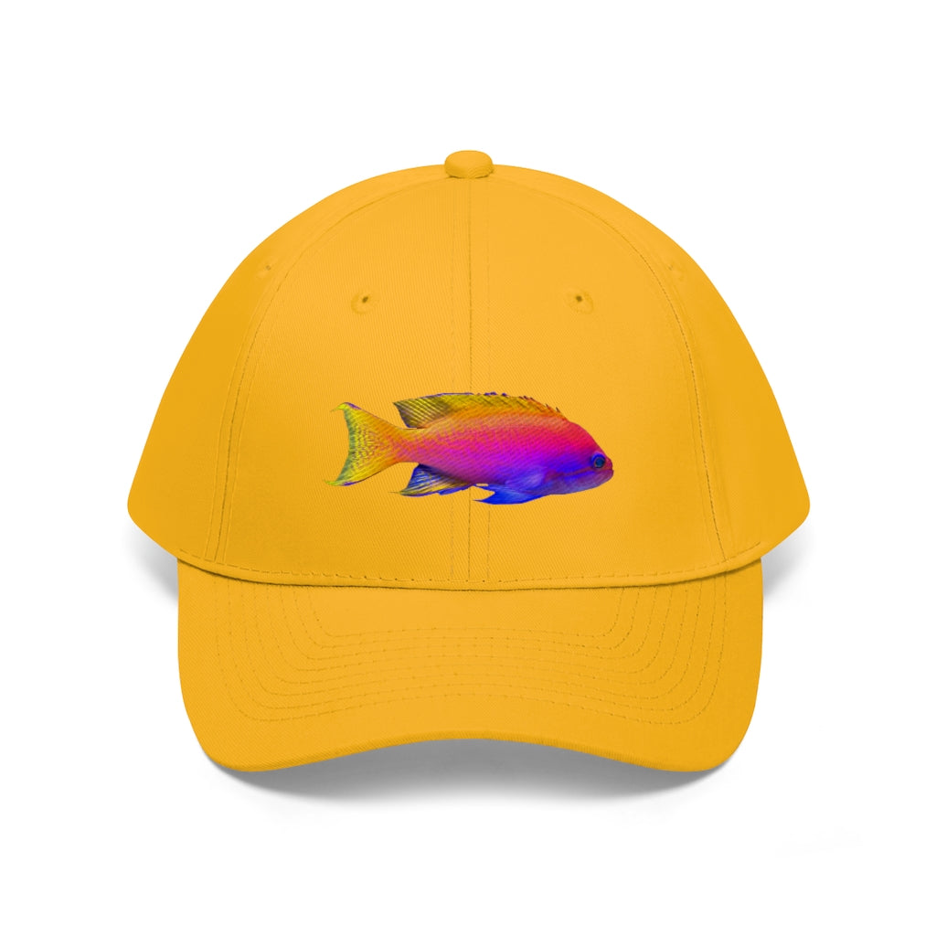 Colored Fish Unisex Twill Hat featuring a classic 6-panel design, adjustable Velcro closure, and made from durable 100% cotton twill material.