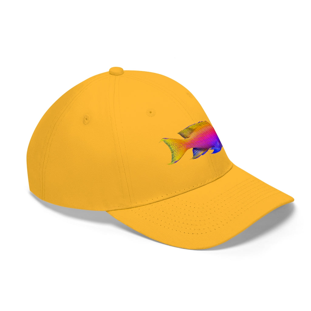 Colored Fish Unisex Twill Hat featuring a classic 6-panel design, adjustable Velcro closure, and made from durable 100% cotton twill material.