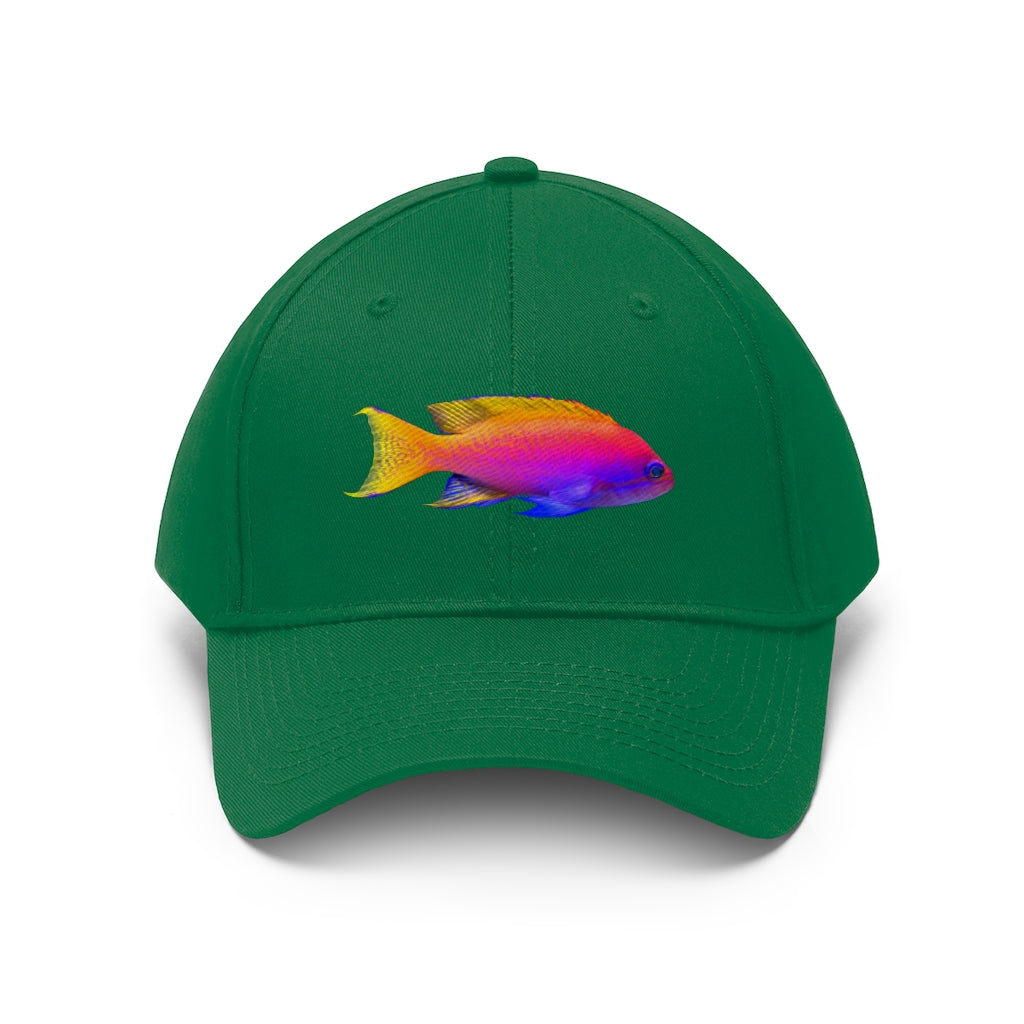 Colored Fish Unisex Twill Hat featuring a classic 6-panel design, adjustable Velcro closure, and made from durable 100% cotton twill material.