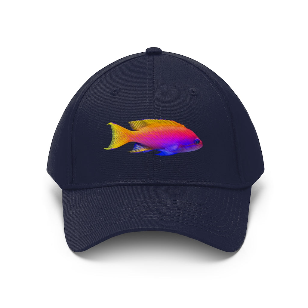 Colored Fish Unisex Twill Hat featuring a classic 6-panel design, adjustable Velcro closure, and made from durable 100% cotton twill material.