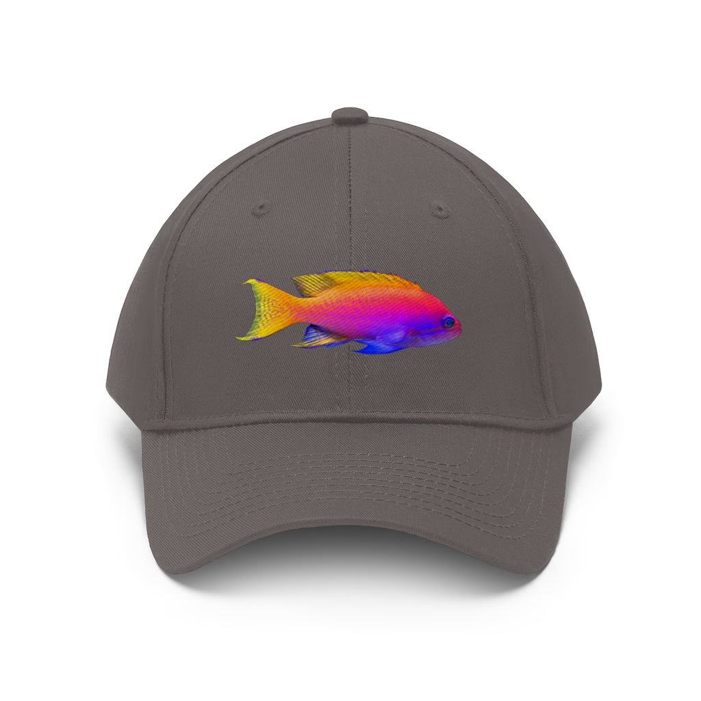 Colored Fish Unisex Twill Hat featuring a classic 6-panel design, adjustable Velcro closure, and made from durable 100% cotton twill material.