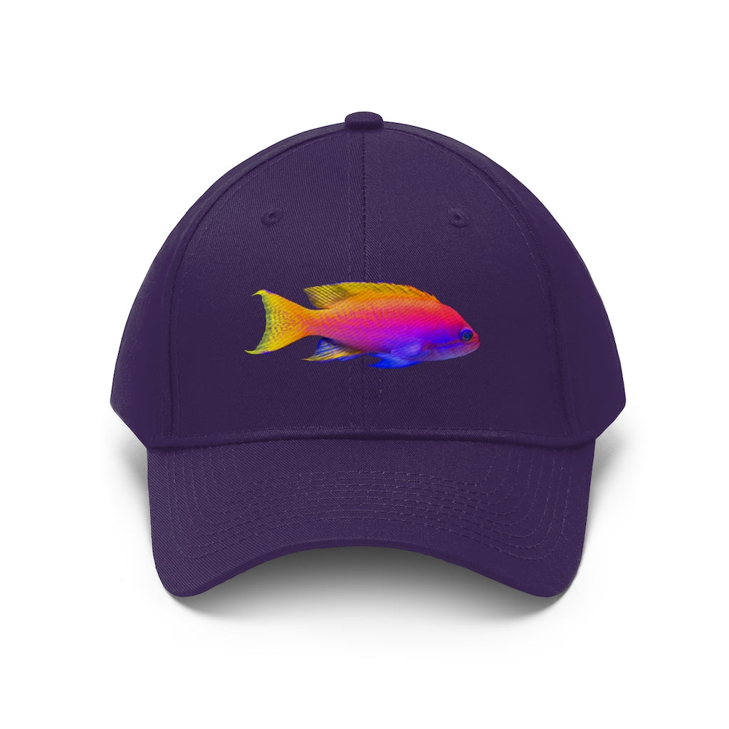 Colored Fish Unisex Twill Hat featuring a classic 6-panel design, adjustable Velcro closure, and made from durable 100% cotton twill material.