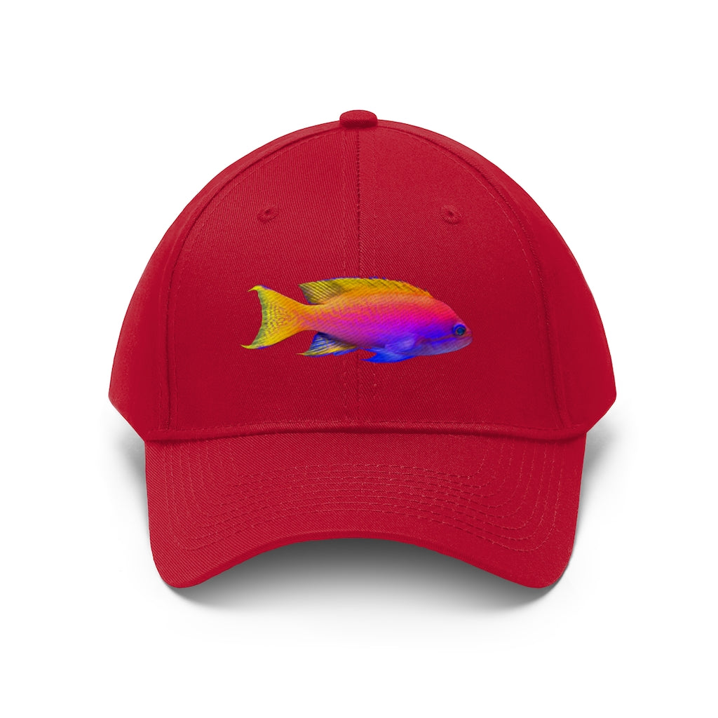 Colored Fish Unisex Twill Hat featuring a classic 6-panel design, adjustable Velcro closure, and made from durable 100% cotton twill material.