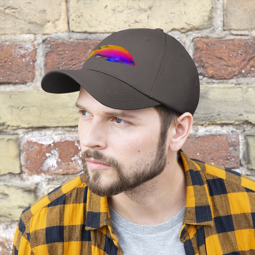 Colored Fish Unisex Twill Hat featuring a classic 6-panel design, adjustable Velcro closure, and made from durable 100% cotton twill material.