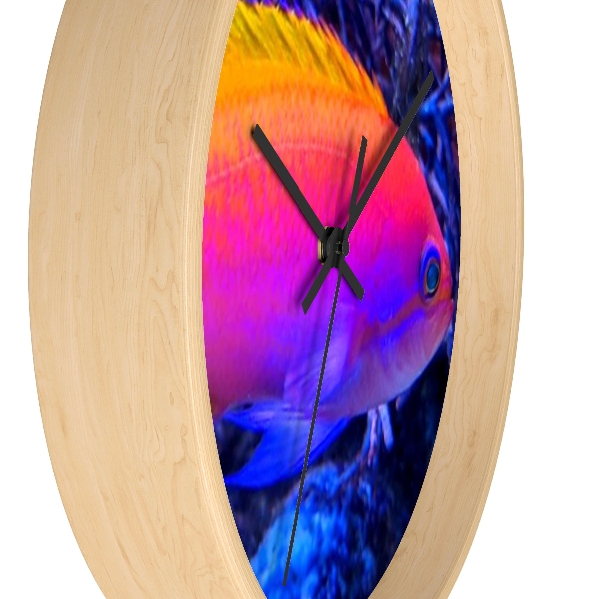 A colorful wall clock featuring vibrant fish designs in a wooden frame, perfect for indoor decor.