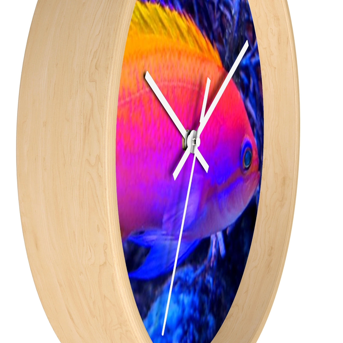 A colorful wall clock featuring vibrant fish designs in a wooden frame, perfect for indoor decor.