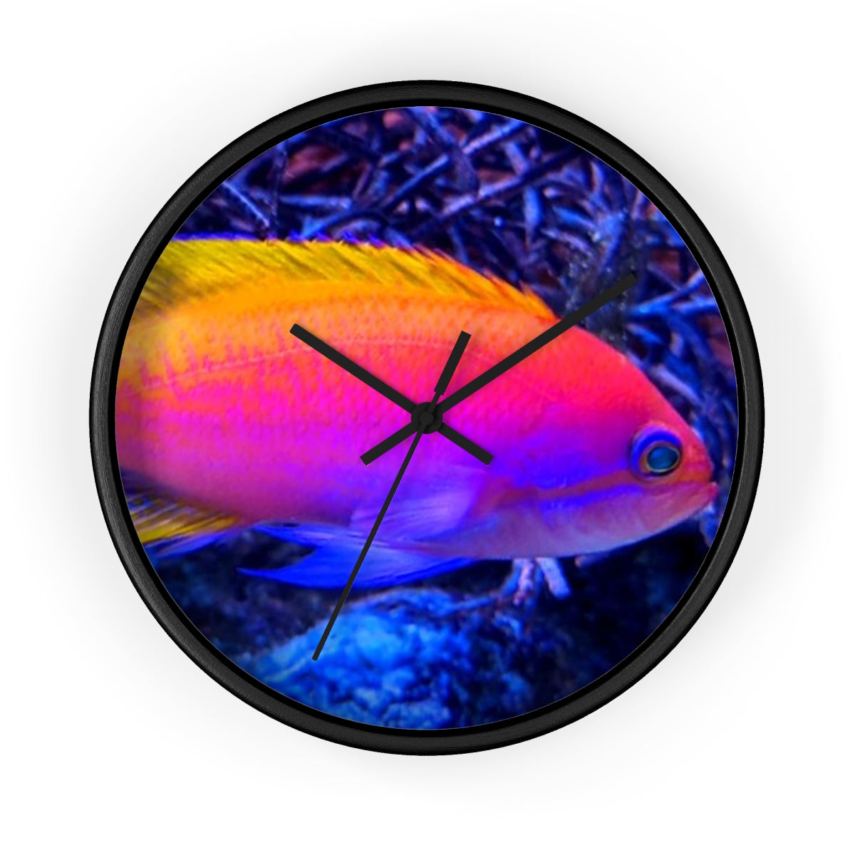 A colorful wall clock featuring vibrant fish designs in a wooden frame, perfect for indoor decor.