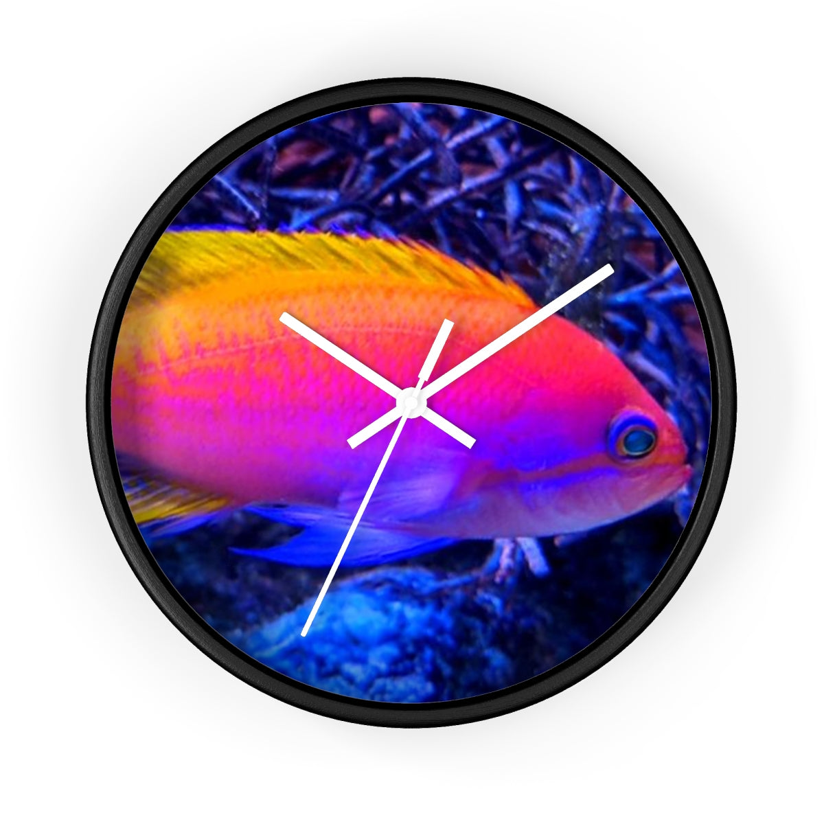 A colorful wall clock featuring vibrant fish designs in a wooden frame, perfect for indoor decor.