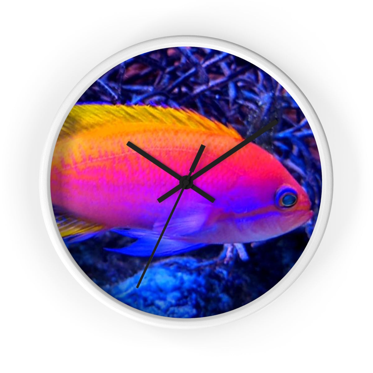 A colorful wall clock featuring vibrant fish designs in a wooden frame, perfect for indoor decor.