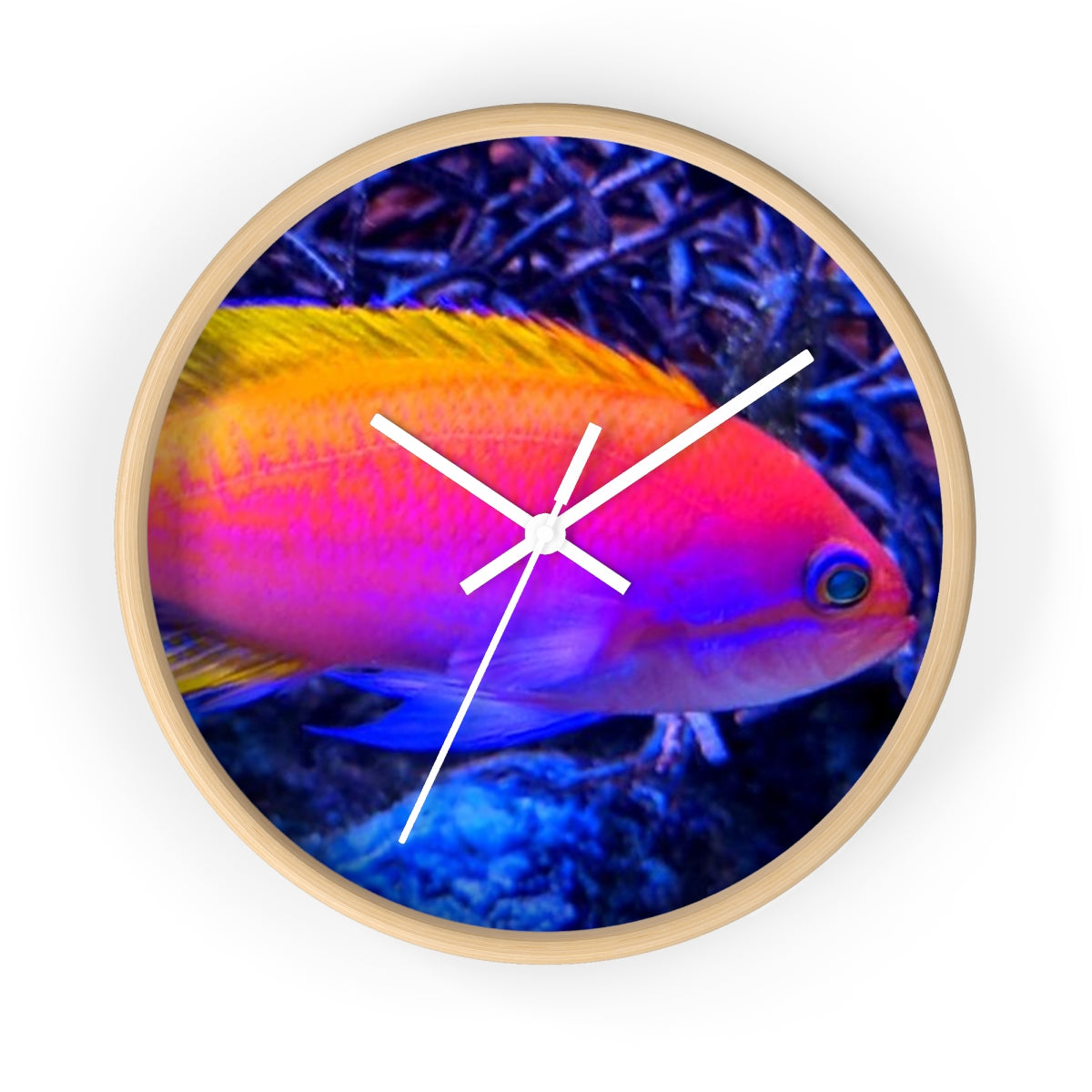 A colorful wall clock featuring vibrant fish designs in a wooden frame, perfect for indoor decor.