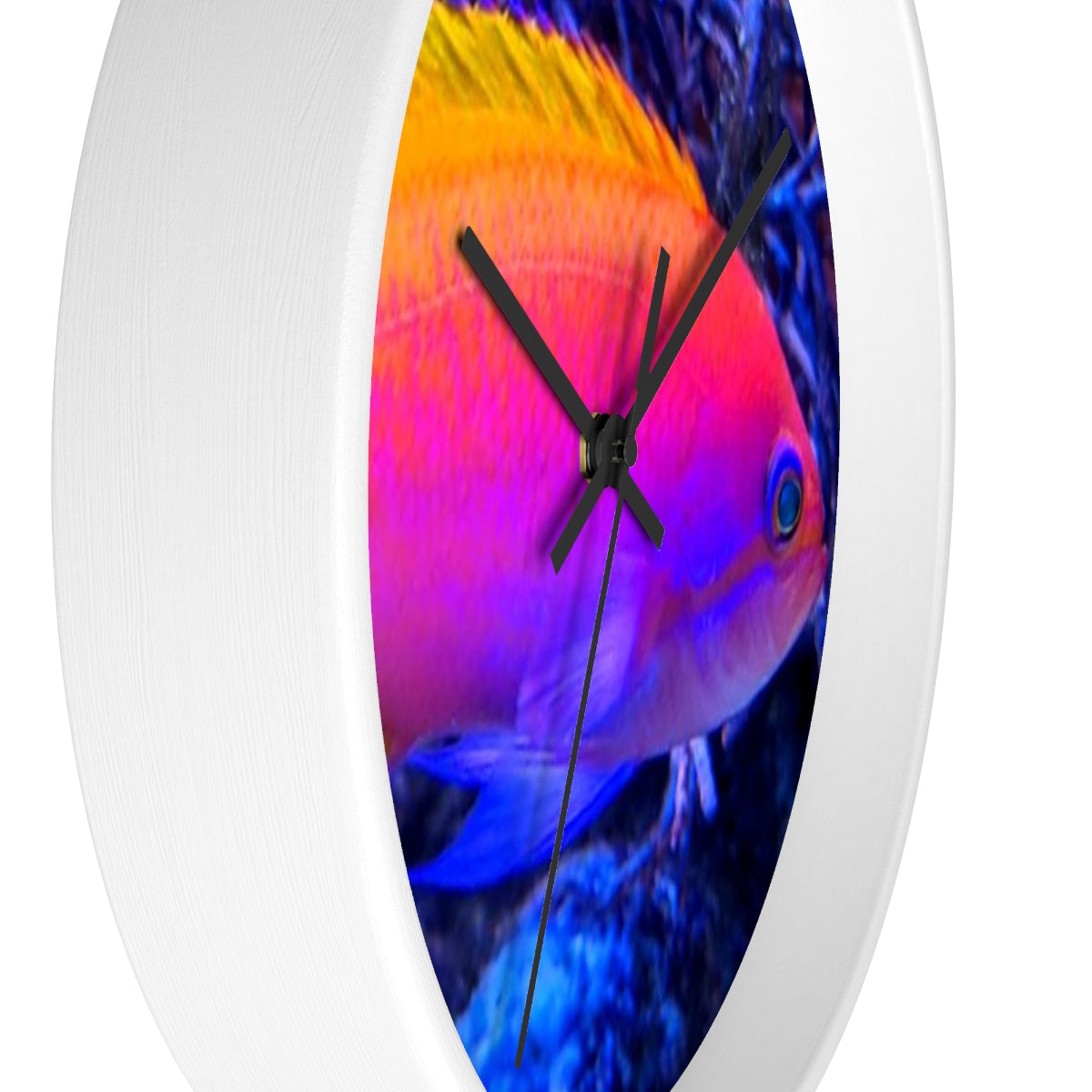 A colorful wall clock featuring vibrant fish designs in a wooden frame, perfect for indoor decor.