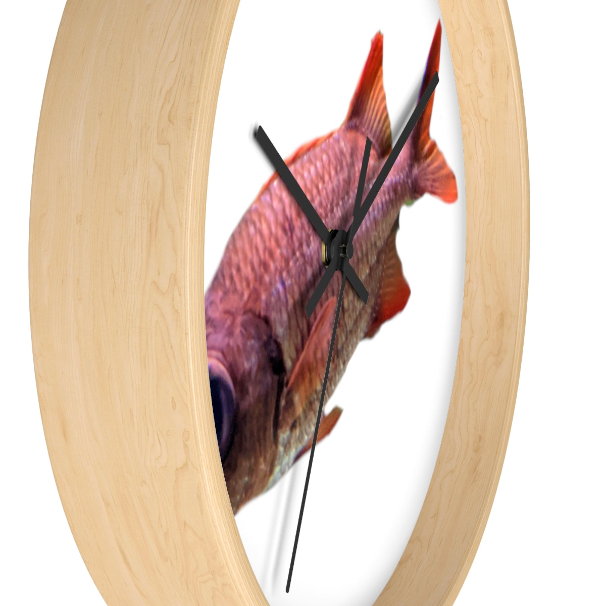 A colorful wall clock featuring a vibrant fish design, set in a wooden frame with a clear plexiglass face.