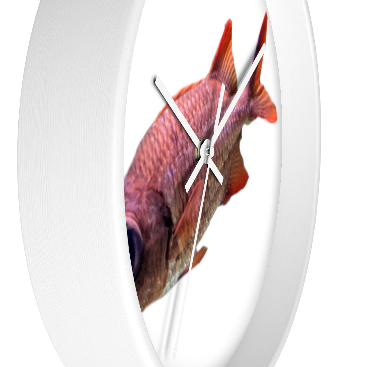 A colorful wall clock featuring a vibrant fish design, set in a wooden frame with a clear plexiglass face.