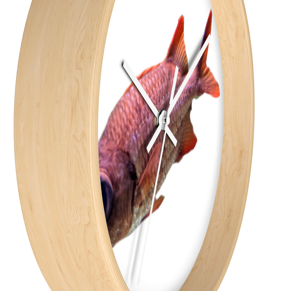 A colorful wall clock featuring a vibrant fish design, set in a wooden frame with a clear plexiglass face.