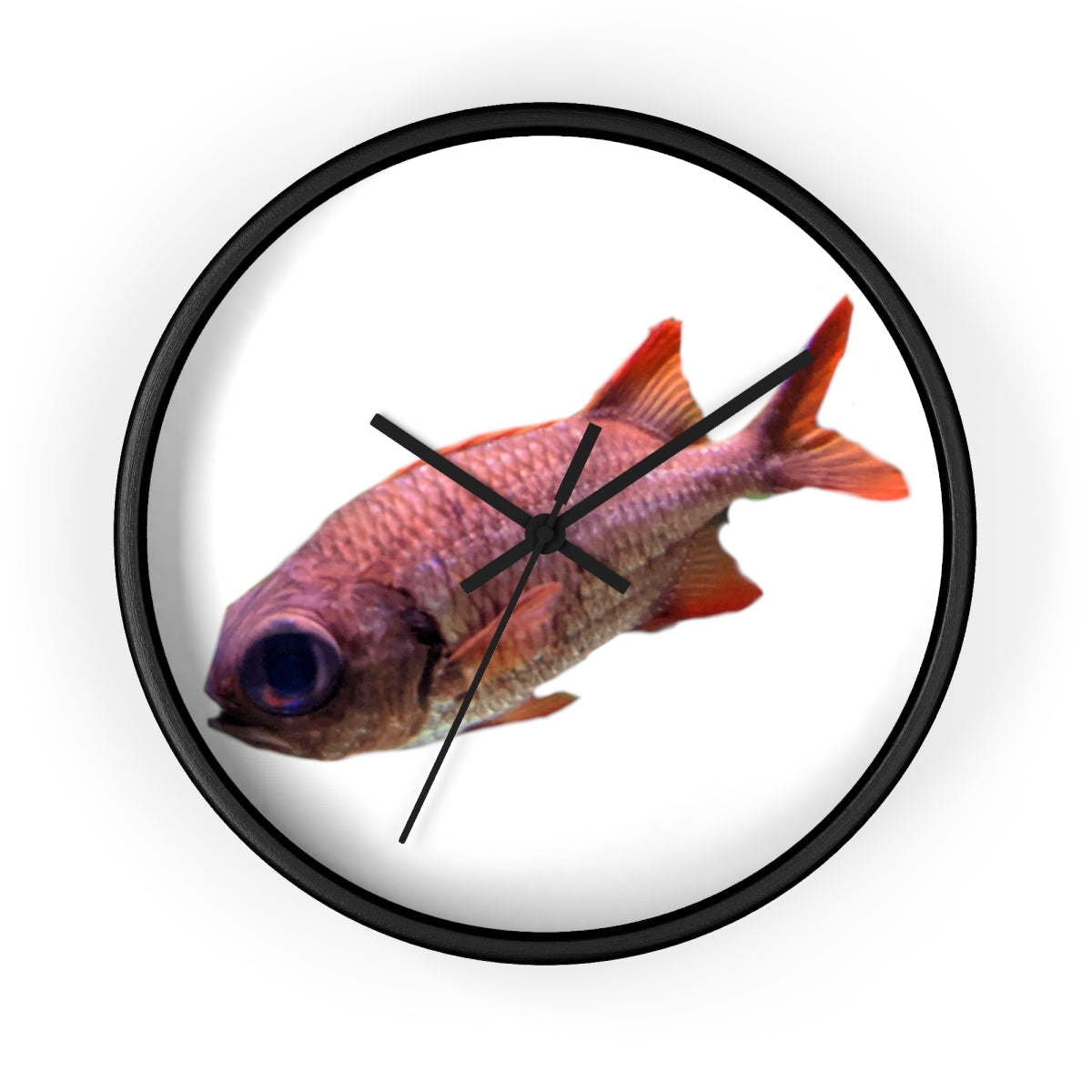 A colorful wall clock featuring a vibrant fish design, set in a wooden frame with a clear plexiglass face.